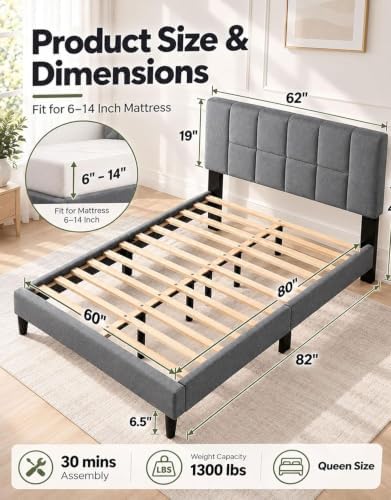 Marsail Queen Size Bed Frame with Headboard, Modern Bed Frame, Gray