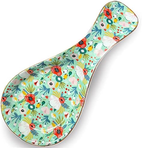 Ceramic Spoon Rest for Stove Top Kitchen Counter Large Spoon Holder Farmhouse Floral Flowers Print Coffee Spoon Cooking Utensil Tools Rest Modern Kitchen Decor