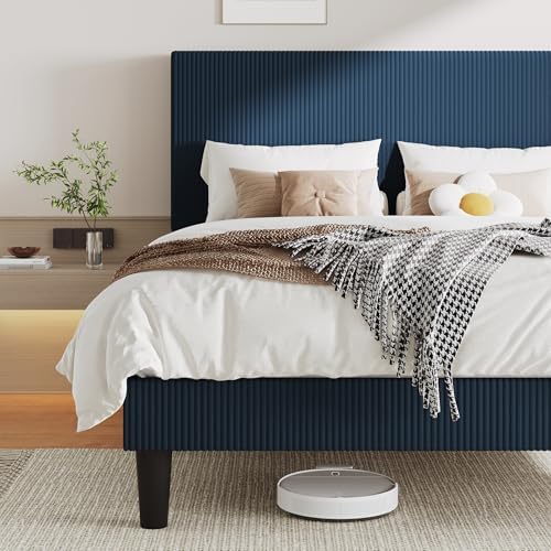Allewie Full Bed Frame, Corduroy Tufted Headboard, Dark Blue