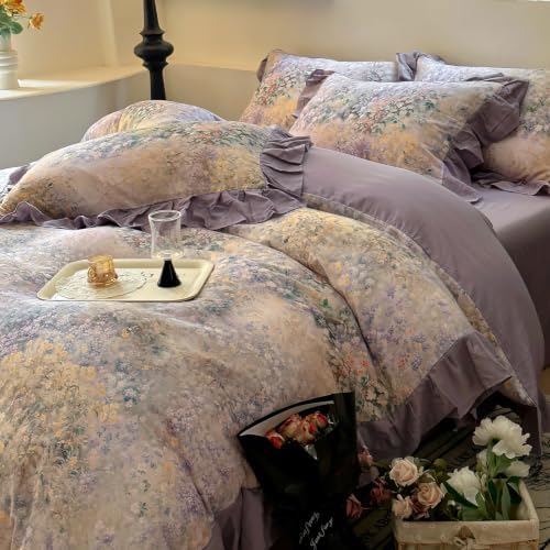 Double Gauze Duvet Cover Set Twin Puprle Ruffle with Flower