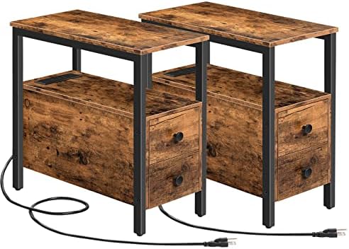 HOOBRO Set of 2 End Tables with Charging Station, Narrow Side Table with Drawers, Power Outlets, Nightstand for Small Spaces, Living Room, Stable and Sturdy, Rustic Brown and Black BF541BZP201