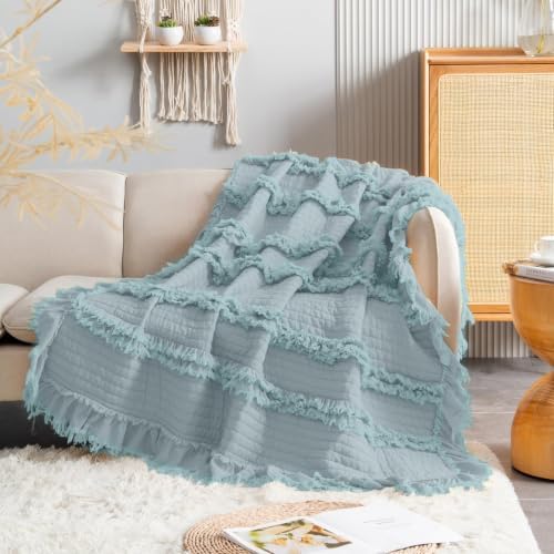 Ultra Soft Pre-Washed Quilted Boho Blue Twin Size Blankets for Bed, Ruffle Fringed Decorative Throw, Stone Washed Chic Rustic Blanket for Sofa Couch Bed, 60"*80"