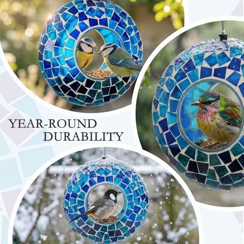 6 Inch Mosaic Glass Fly Through Bird Feeder for Outdoors, Blue