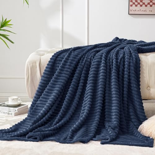 BEDELITE 3D Ribbed Navy Blue Fleece Throw Blanket for Couch, 50x60 Inch