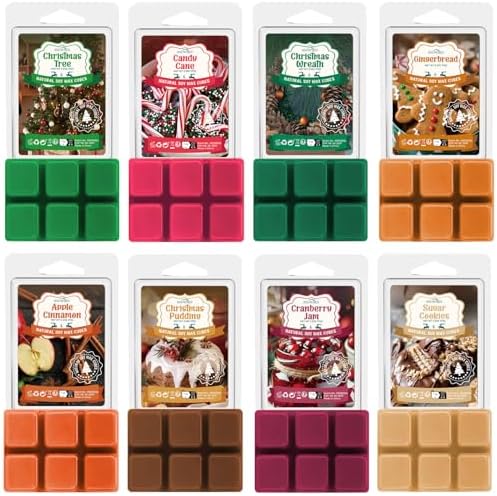 Christmas Wax Melts, 8 Pack Winter Scented Wax Cubes, Soy Wax Cubes Strong Scent, Wax Melts Tarts for Warmer - Apple Cinnamon, Christmas Pudding, Candy Cane and More, Colored Wax Melt Gift Set