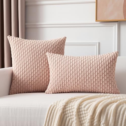 Kevin Textile Soft Corduroy 24x24 Inch Pillow Covers 2 Pack, Light Pink