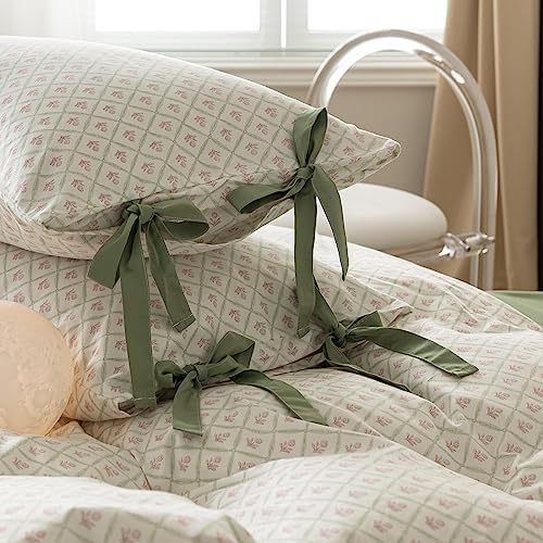mixinni Red Floral Duvet Cover Set Full Size - 100% Cotton Green Grid Bedding with Bow Ties, 3PC Cottagecore Comforter Cover (1 Duvet Cover + 2 Pillowcases) Vintage Garden Style Soft Aesthetic