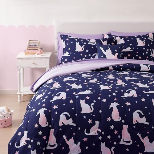 Twin Comforter Set for Girls-3 Pieces Cat Glow in the Dark Twin Bedding