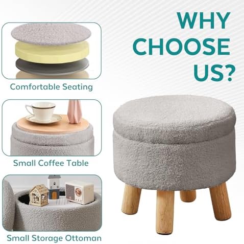 Small Foot Stool Ottoman with Storage, Sherpa Ottoman Foot Rest for Couch, Round Footstool with Storage, Small Ottomans and Footstools for Living Room and Entryway (Light Gray)