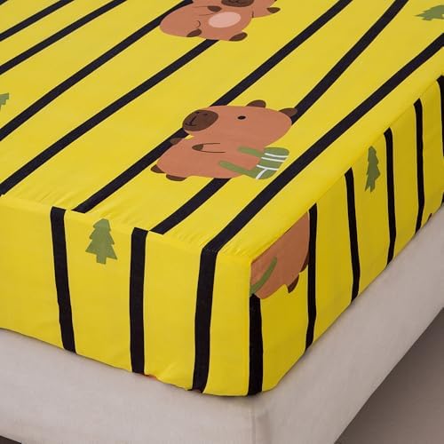 Bedding Fitted Sheet with Deep Pocket,Cute Capibara Printed Fabric Bed Sheets for Boys Girls Single Bed (Yellow Striped,Twin)