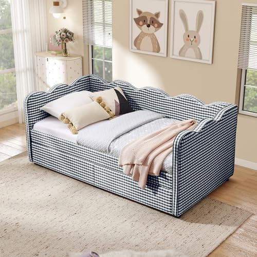 Twin Size Daybed with Storage Drawers, Linen Gingham Daybed with USB Ports & Wave Shaped, Upholstered Day Bed Frame, Modern Sofa Bed for Living Room/Bedroom/Guest Room, No Box Spring Needed, Navy