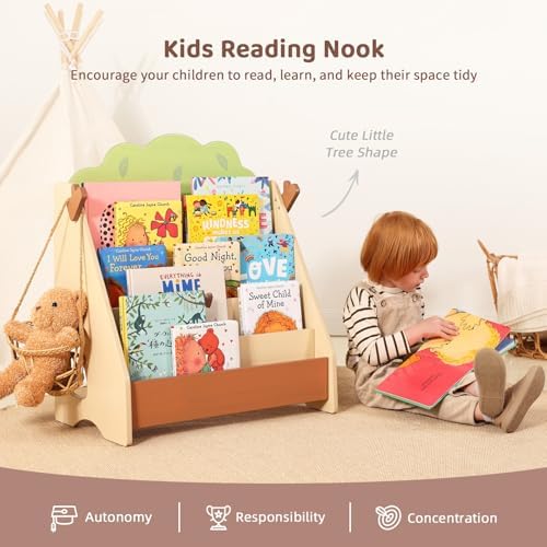 OOOK 5-Tier Toddler Montessori Bookshelf, Solid Wood Tree Bookshelf