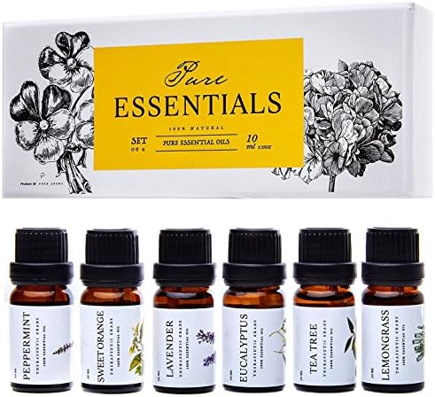 Essential Oils by Pure Essentials Aromatherapy Set - 6 x 10ML Oils for Diffusers, Home Care, Candle Making Scents, Fragrance, Humidifiers, Gifts - Peppermint, Tea Tree, Lavender, Eucalyptus, Orange