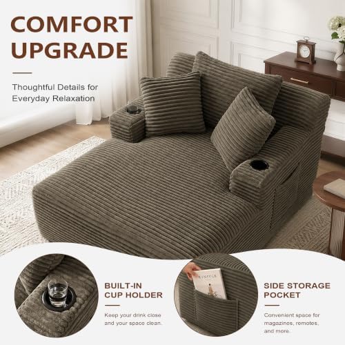 66" Chaise Lounge Chair Indoor, Corduroy Upholstered Reading Chair Oversized Boneless Chair with Deep Seat, Cloud Lounge Chair with 3 Pillows for Living Room, Bedroom, No Assembly Required