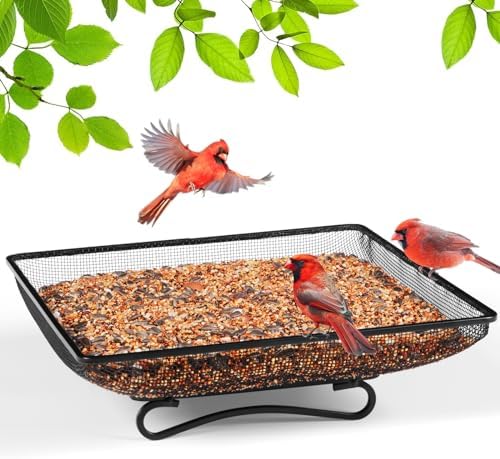 MIXXIDEA Ground Bird Feeder Tray 11x11 Inches, Metal Platform Mesh Seed Tray for Bird Feeders, Great Attracting Garden Yard Decoration for Wild Birds Squirrels Dove,1 Pack