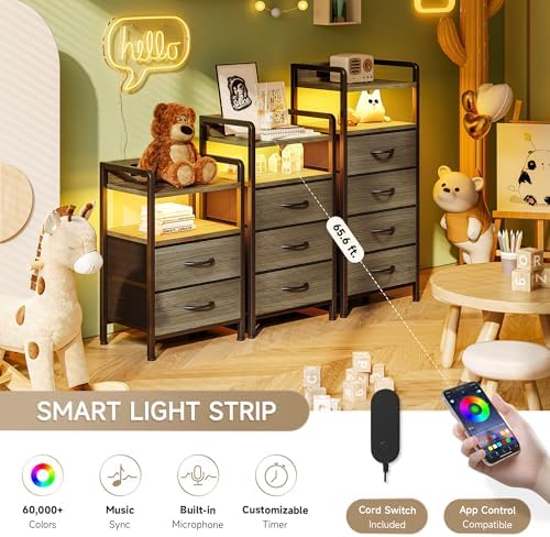 Lazzanto Nightstand with Rear Charging Station, LED Light, 3 Drawers, Grey
