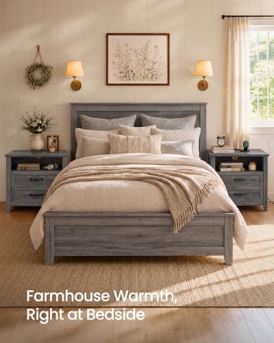VASAGLE Farmhouse Nightstand with Charging Station, 2 Drawers, Open Shelf