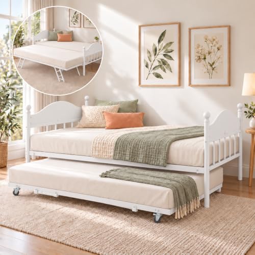 IDEALHOUSE Twin Daybed with Trundle, Foldable Pop Up Metal Twin Bed Frame