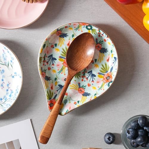 Ceramic Spoon Rest for Stove Top, 5 inch Gold Trim Spoon Holder for Kitchen Counter, Farmhouse Cooking Utensil Holder for Spoons, Ladles, Spatula, Mint Flowers