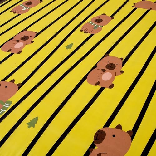 Bedding Fitted Sheet with Deep Pocket,Cute Capibara Printed Fabric Bed Sheets for Boys Girls Single Bed (Yellow Striped,Twin)