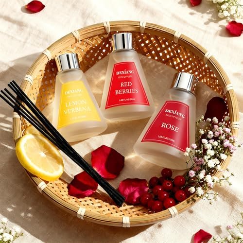 Reed Diffuser Set of 3 Packs, Lemon Verbena/Rose/red Berry Oil Diffuser Reed Diffuser for for Home, Bathroom, Office Decor 1.7 Fl.oz, Total 5.1Oz