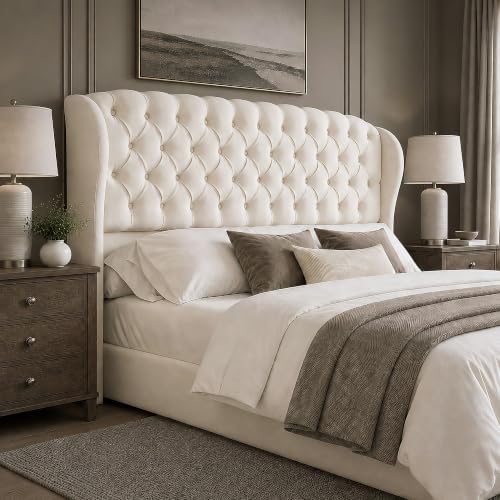 AMERLIFE Full/Queen Headboard Only, Velvet Curved Wingback, White