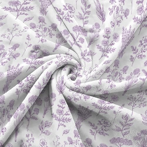 Floral Fuzzy Blanket Purple Floral Throw Blanket, Botanical Flowers Blankets, Soft, Flannel, Warm, Boho Flowers Bed Blankets All Season for Couch Bedroom Living Room 50X70 Inch