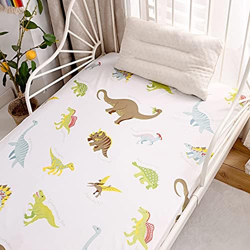 Bedding Fitted Sheet with Deep Pocket,Dino Printed Fabric Bed Sheets,Soft Dino Pattern Sheets for Kids Twin Size Bed (White(Dinosaur), Twin)