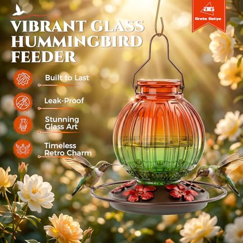 Glass Hummingbird Feeder for Outdoors Hanging, 26 fl oz Bird Nectar Feeder