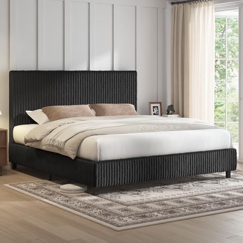 AMERLIFE Upholstered Bed Frame, Metal Bed with Headboard, Full Black