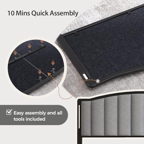 Upholstered Tufting Headboard for Full Size Bed with Lights, Grey