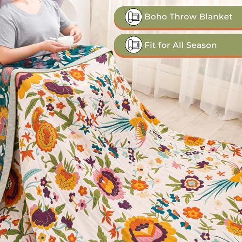 Flower and Bird Boho Throw Blanket for Bed Couch 90"×98"