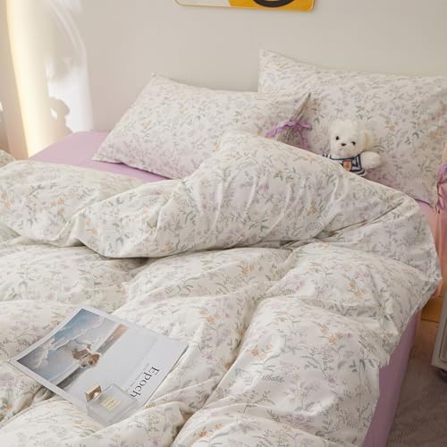HighBuy 100% Cotton Duvet Cover Full,Pink Yellow Floral Bedding Comforter Cover French Style,Duvet Cover Set 2 Bowknot Bow Tie Pillowcases,Shabby Chic Bedding Duvet Cover Set