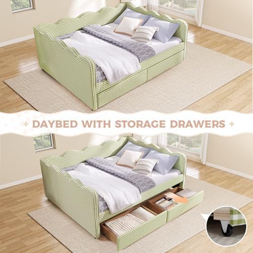 Queen Size Daybed with Storage Drawers, Linen Gingham Daybed with USB Ports & Wave Shaped, Upholstered Day Bed Frame, Modern Sofa Bed for Living Room/Bedroom/Guest Room, No Box Spring Needed, Green