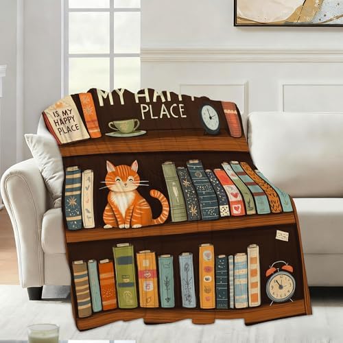 Fall Throw Blanket,Bookshelf Throw Blanket for Couch Home Decor,Cute Cat Soft Plush Travel Blanket Lightweight,Cozy Throws for Couch,Bed,Naps,Reading60 X 80 Inch