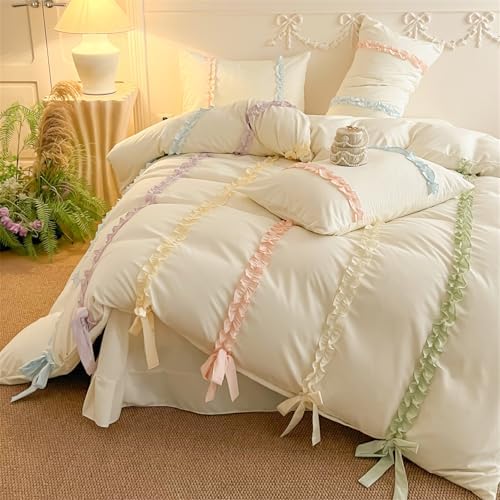 Rainbow Ruffles Bedding Set with Bow,Colorful Striped Duvet Cover, Cute Princess Style 2 PCS Duvet Cover Set-1 Duvet Cover and 1 Pillowcases for Girls Teens Bedroom,No Comforter