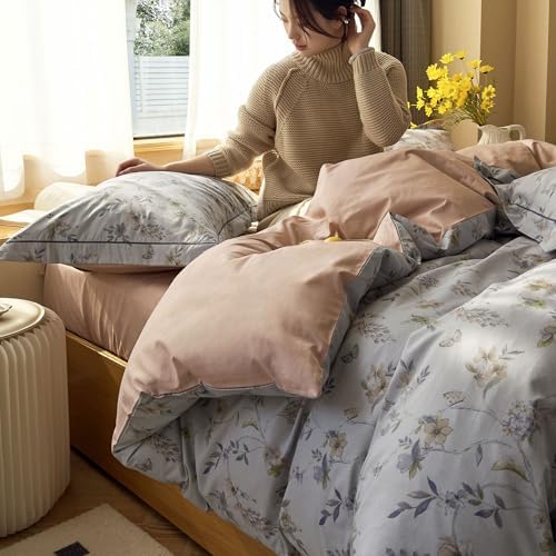 AOJIM Floral Print Duvet Cover Twin, 3-Piece Soft 100% Cotton Vintage Bedding Set - Colorful Floral & Butterfly Pattern Comforter Cover with Zipper Closure and 2 Matching Pillowcases for Room Decor