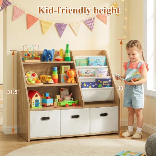 Kids Bookshelf & Toy Storage Organizer, 4‑Tier Sturdy Toddler Book Shelf with Removable Fabric Bins for Classroom, Playroom, Bedroom, 32" W x 16" D x 32" H