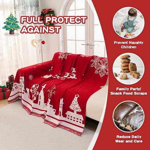 MEETSKY Red Christmas Couch Cover for Dogs, Chenille Sofa Throw Cover for Love seat Sofa with Pets Friendly, Thick Soft Fabric Jacquard Sofa Covers Washable Modern Style for Living Room, 71" x 102"