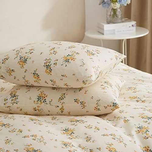 mixinni Aesthetic Floral Duvet Cover Set Queen Size, Farmhouse Boho Yellow Flowers Leaves Cute Bedding Set for Women, 1 Soft Cotton Chic Duver Cover and 2 Pillowcases for All Seasons-Queen Size