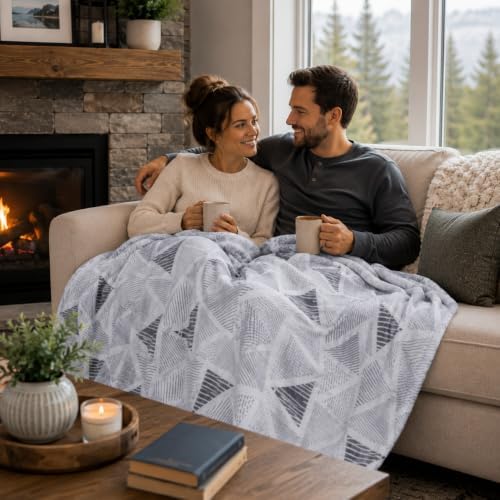 Soft Fleece Throw Blanket, Bohemian Boho Geometrical Grey White, 50x60