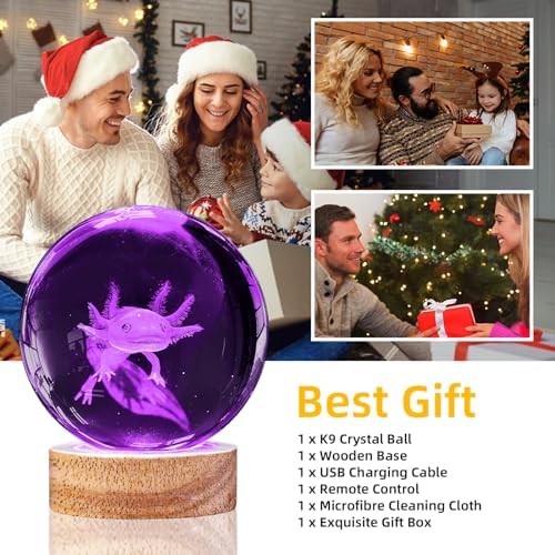 3D Axolotl Crystal Ball Night Light with Remote, Upgraded 3.15 Inch Axolotl Glass Ball Lamps with 16 Color LED Wooden Base for Birthday Holiday Xmas, Cool Axolotl Toy Decor Gifts for Boys Girls Kids