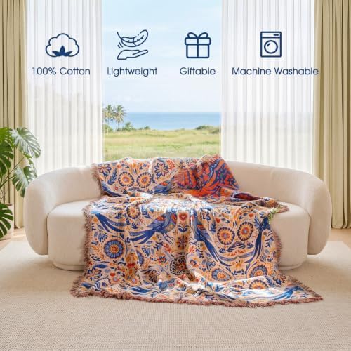 Boho Throw Blanket - 100% Cotton 50"x60" Cozy Blanket for Bed Women
