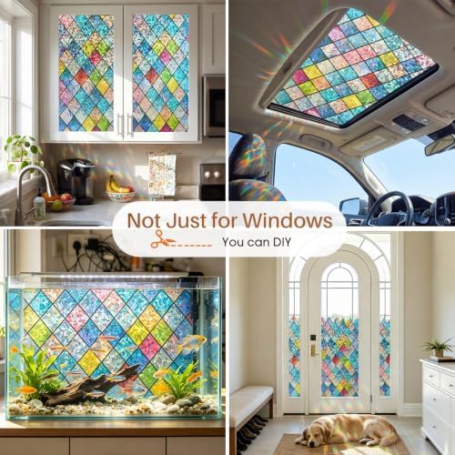 Sunbaby Stained Glass Winodw Film, Rainbow Lattice Stickers, 29.5"x78.7"