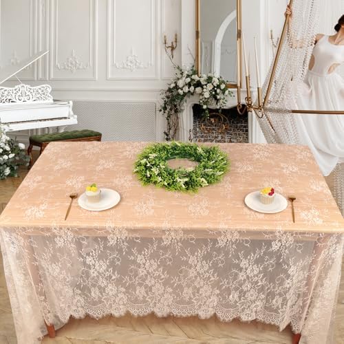 Fowecelt 2 Pcs Ivory Lace Tablecloth 60 X120 Inches Vintage Tablecloth Sheer Overlay Rectangle Floral Embroidered Lace Table Cloths for Rustic Boho Wedding Bridal Shower Party Reception Decoration