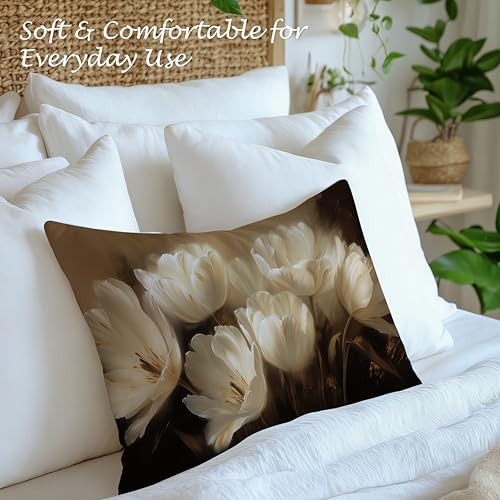 Vintage White Tulips Floral Pillow Cover 12x20, Elegant Neutral Moody Botanical Flower Decorative Lumbar Pillow Cover for Couch Bed Living Room Bedroom
