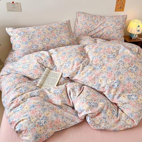 Floral King Duvet Cover Set Muslin Patterned Comforter Cover King Size Cotton Double Gauze Cozy Boho Duvet Cover Set with Zipper Lightweight Girls Bedding Set Vintage Duvet Protector