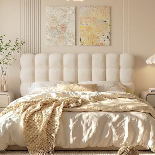 Pinmoco Queen Cloud-Shaped Upholstered Headboard, Teddy Fleece Beige