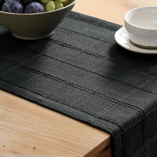 ZeeMart Linen Checked Farmhouse Table Runner, 13x36 Inches Black