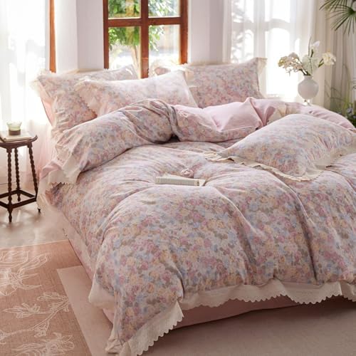 HighBuy Pink Floral Muslin Duvet Cover Twin XL,Ruffle Lace Floral Bedding Set for Girl College,Soft Gauze Cotton Comforter Cover with Zipper for Hot Sleepers,Breathable & Fade-Resistant